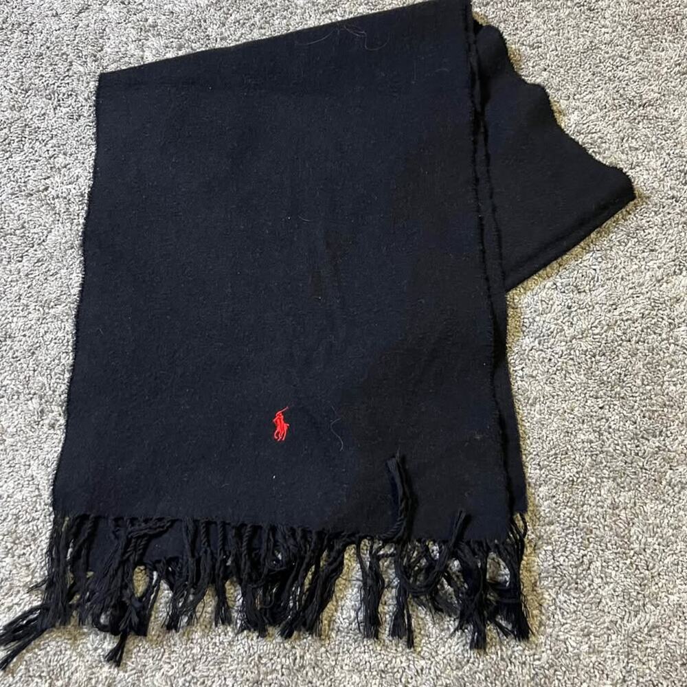 Ralph Lauren Black Cotton Fringed Scarf w Red Polo Logo